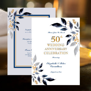 Invitation Golden 50e anniversaire de Mariage Or et marine