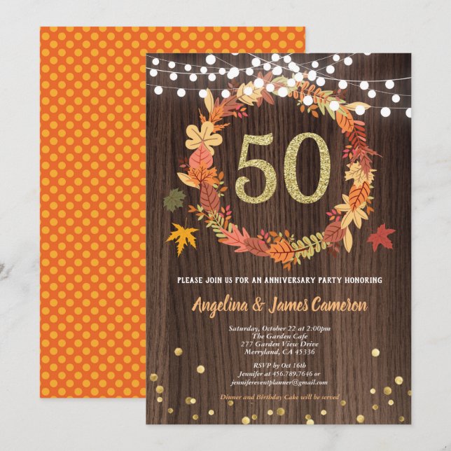 Invitation Golden 50e anniversaire grise de couronnes bois (Devant / Derrière)