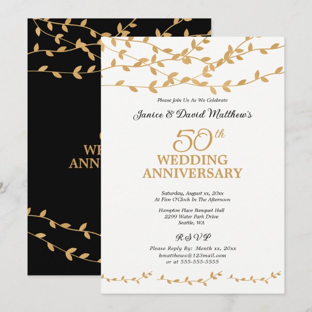 Invitation Golden 50e anniversaire Mariage Parti Élégant (Devant / Derrière)
