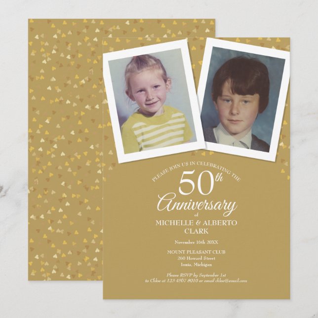Invitation Golden 50th Mariage Anniversary Childhood Photos (Devant / Derrière)