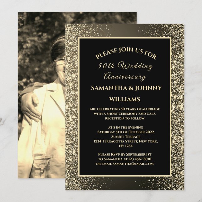 Invitation Golden 50th Mariage Anniversary Photo Gold (Devant / Derrière)