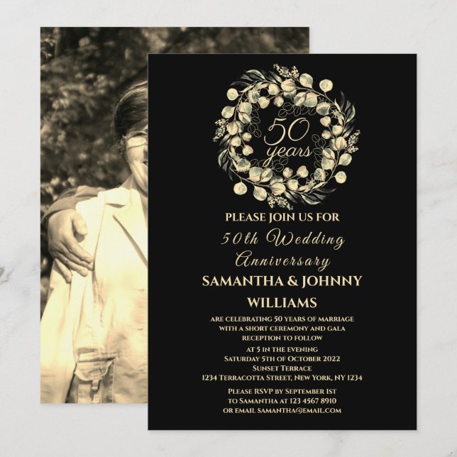 Invitation Golden 50th Mariage Anniversary Photo Gold (Devant / Derrière)