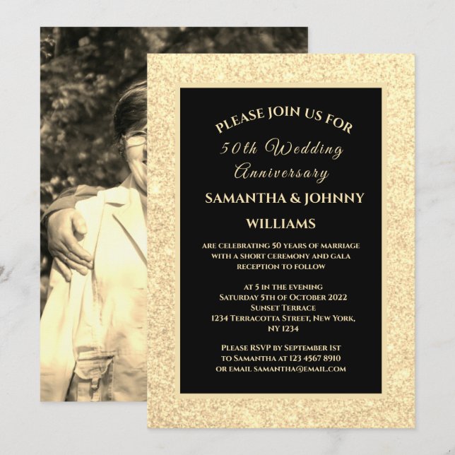 Invitation Golden 50th Mariage Anniversary Photo Gold (Devant / Derrière)