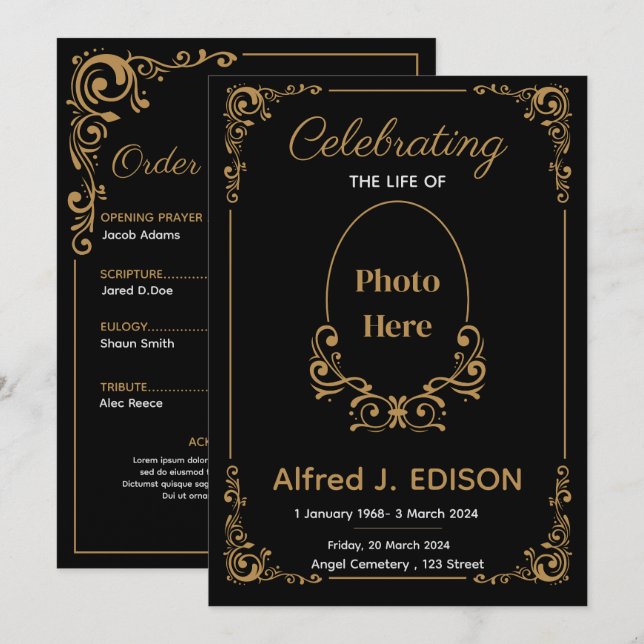 Invitation Golden Black Funeral Program, Funeral Memorial (Devant / Derrière)