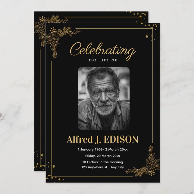 Invitation Golden Black Funeral Program, Funeral Memorial (Devant / Derrière)