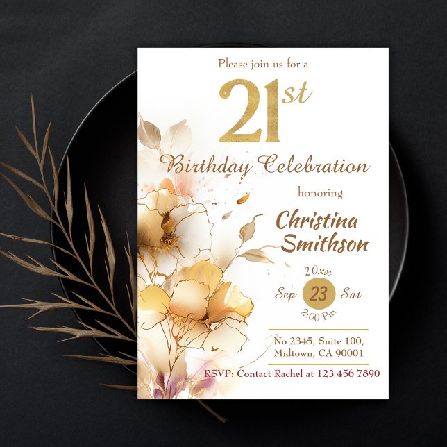 Invitation Golden Bloom - floral élégant moderne 21e annivers (Créateur téléchargé)