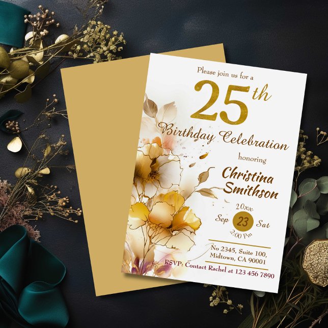 Invitation Golden Bloom - floral élégant moderne 25e annivers (Créateur téléchargé)