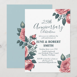Invitation Golden Blue floral 25e anniversaire mariage