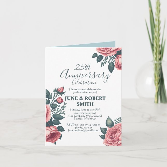 Invitation Golden Blue floral 25e anniversaire mariage (Devant)