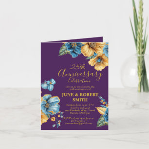 Invitation Golden Blue floral 25e anniversaire mariage