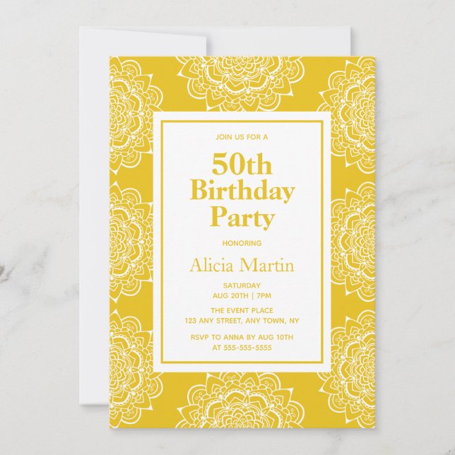 Invitation Golden Brown & blanc Mandala Flower 50th Birthday (Devant)