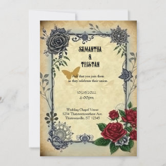 Invitation Golden Butterfly Roses Steampunk Vintage Wedding