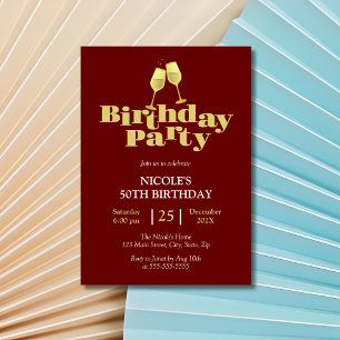 Invitation Golden Champagne Birthday Party Burgundy