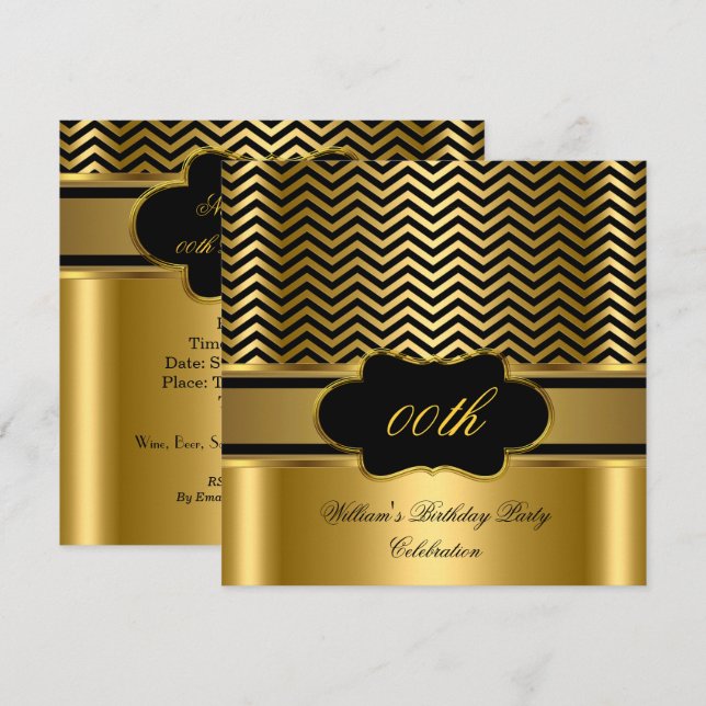 Invitation Golden Chevron Gold Black Strie fête d'anniversair (Devant / Derrière)