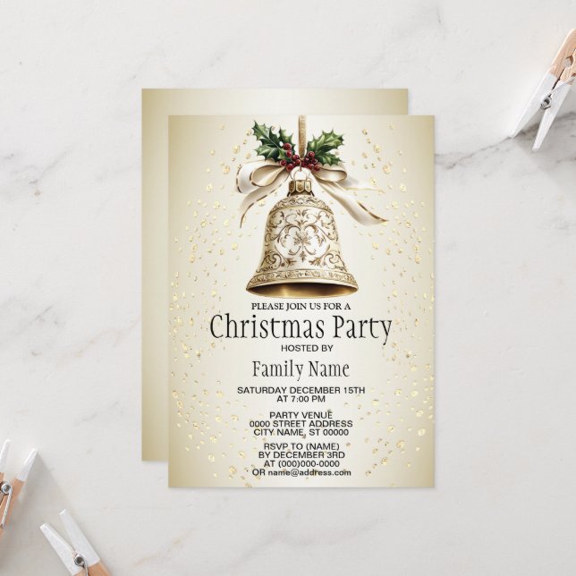 Invitation Golden Christmas Bell Shiny Stars Green Feuilles (Devant/Arrière en situation)