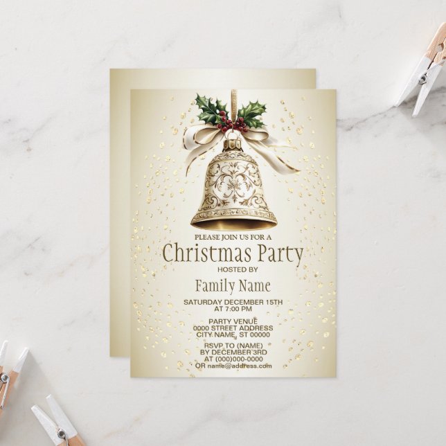 Invitation Golden Christmas Bell Shiny Stars Green Feuilles (Devant/Arrière en situation)