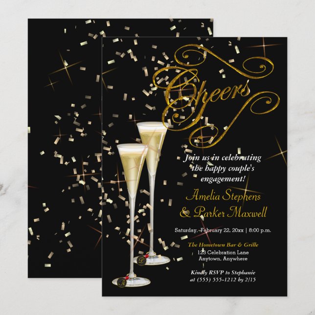 Invitation Golden Confetti Champagne à la fête d'engagement (Devant / Derrière)