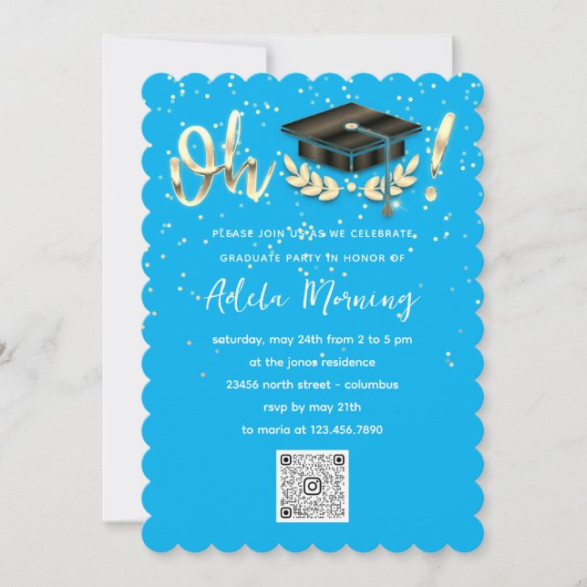 Invitation Golden Confetti Graduate Party QR Code Bleu (Devant)
