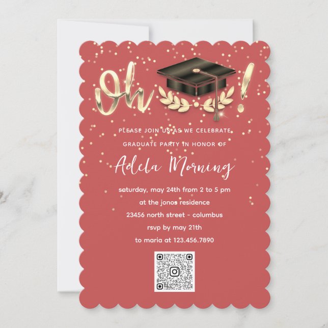 Invitation Golden Confetti Graduate Party QR Code Coral (Devant)