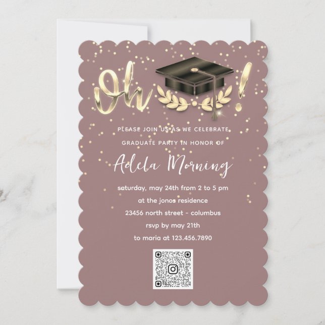 Invitation Golden Confetti Graduate Party QR Code Rose (Devant)