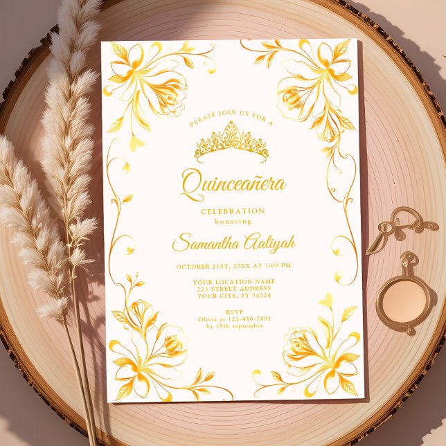 Invitation Golden Crown Luxe Or Floral Quinceañera (Créateur téléchargé)