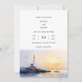 Invitation Golden Dawn Lighthouse Watercolor Beach Mariage