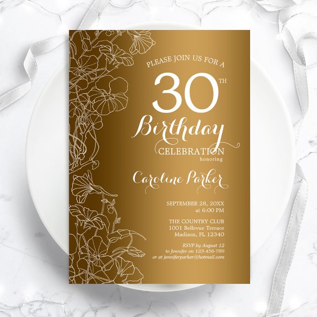 Invitation Golden Floral 30e fête d'anniversaire (Créateur téléchargé)