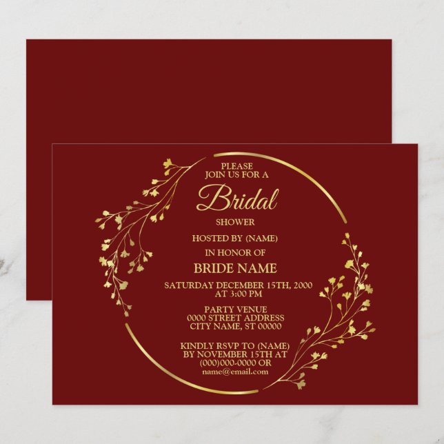 Invitation Golden Floral Geometric Wreath Red Bridal Shower (Devant / Derrière)