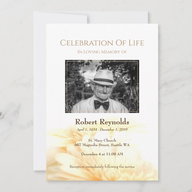 Invitation Golden Floral Memorial Funeral Service Photo (Devant)