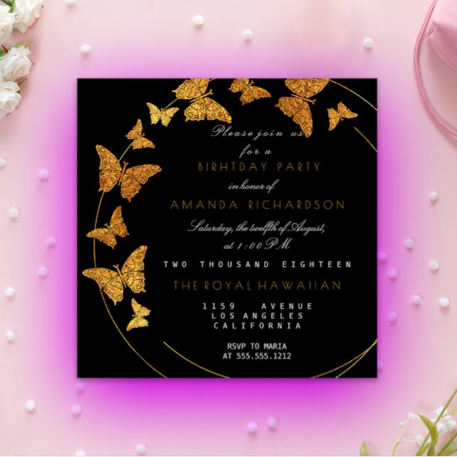 Invitation Golden Foil papillon Vip fête d'anniversaire (Golden Foil Butterfly Glam Vip Birthday Party Invitation)