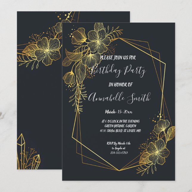 Invitation Golden Frame Navy retour Anniversaire (Devant / Derrière)