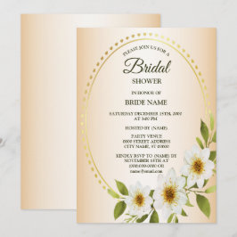 Invitation Golden Frame White Floral Peach Bridal Shower