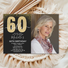 Invitation Golden Glitter "Hello 60" Photo Birthday Women