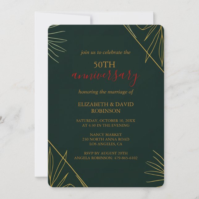 Invitation Golden Green élégant mariage 50e anniversaire (Devant)