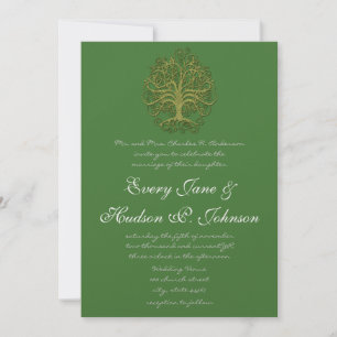 Invitation Golden Green Swirl Arbre Roots of Love Mariage
