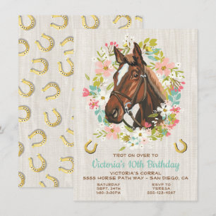 Invitation Golden horseshoe Wreath Horse fête d'anniversaire
