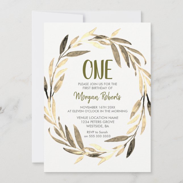 Invitation Golden Leaf Wreath 1er anniversaire garçon ou fill (Devant)