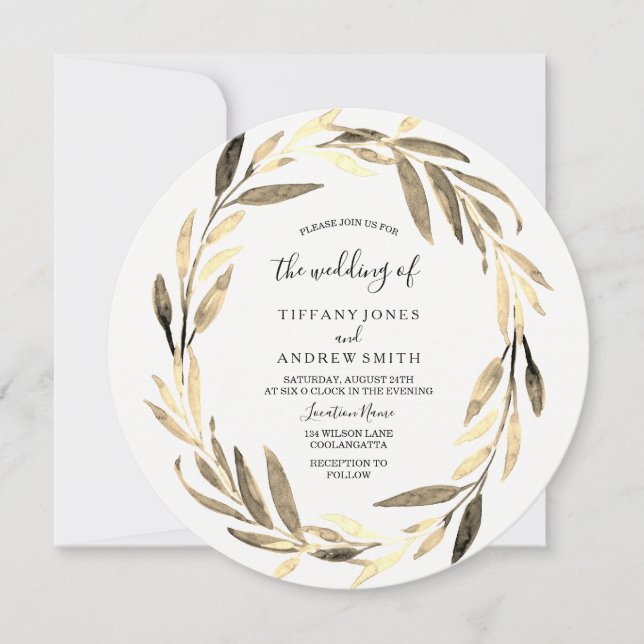 Invitation Golden Leaf Wreath Mariage élégant (Devant)