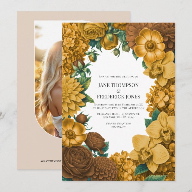Invitation Golden Marigold, Terra Honey & Umber Spice Wedding (Devant / Derrière)