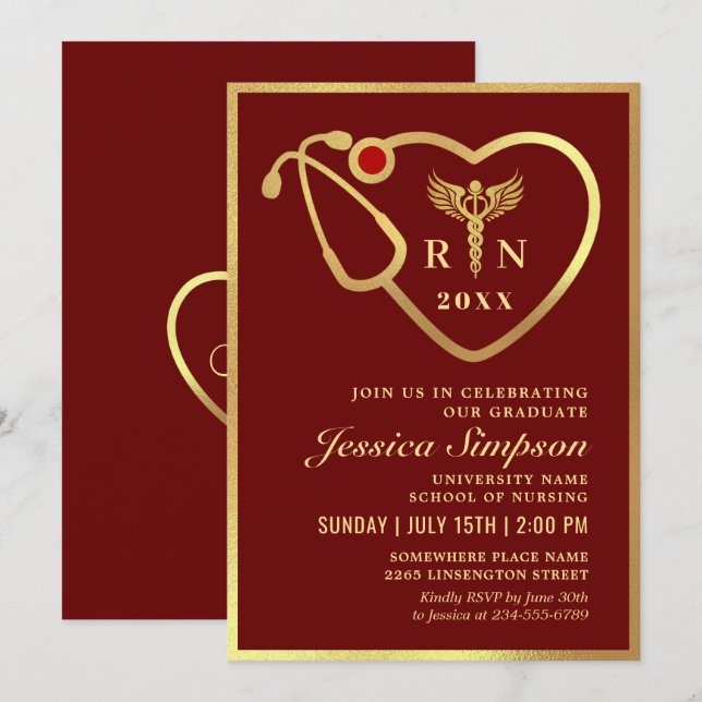 Invitation Golden Modern Nursing School Graduation Party (Devant / Derrière)