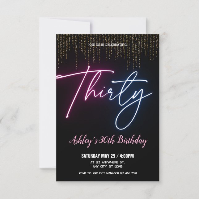 Invitation Golden Neon me parle fête du 30e anniversaire (Devant)