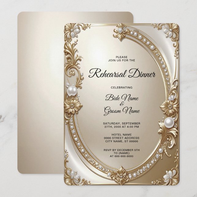 Invitation Golden Ornate Frame with Pearls Rehearsal Dinner (Devant / Derrière)