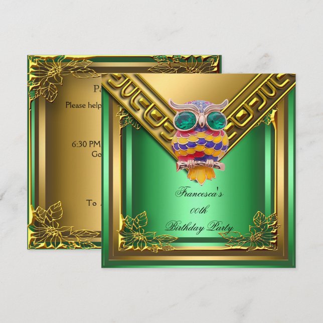 Invitation Golden Owl Elite Élégante fête d'anniversaire Vert (Devant / Derrière)