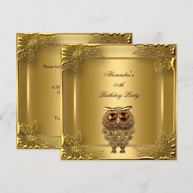 Invitation Golden Owl Elite Élégante Gold Anniversaire (Devant / Derrière)