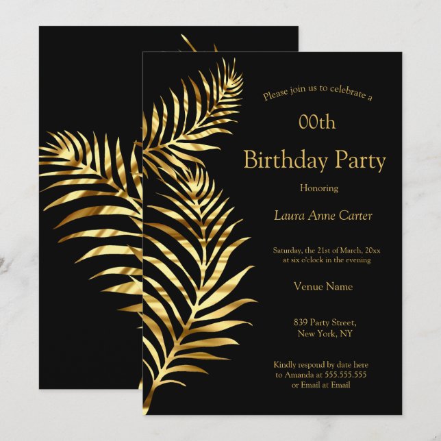 Invitation Golden Palm Black Gold fête d'anniversaire (Devant / Derrière)