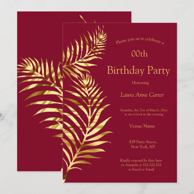 Invitation Golden Palm Bourgogne Red Gold fête d'anniversaire (Devant / Derrière)