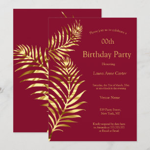 Invitation Golden Palm Bourgogne Red Gold fête d'anniversaire