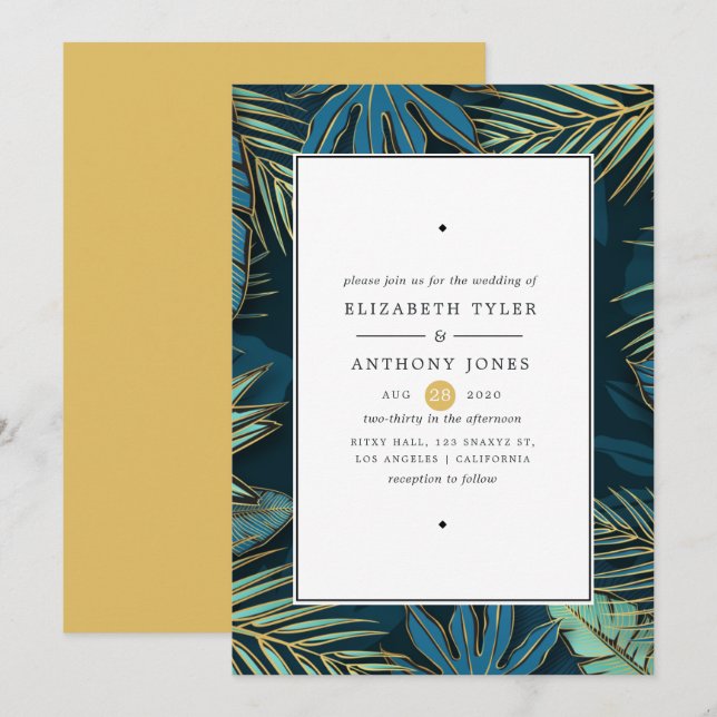 Invitation Golden Palm Feuille Exotic Tropical Mariage (Devant / Derrière)