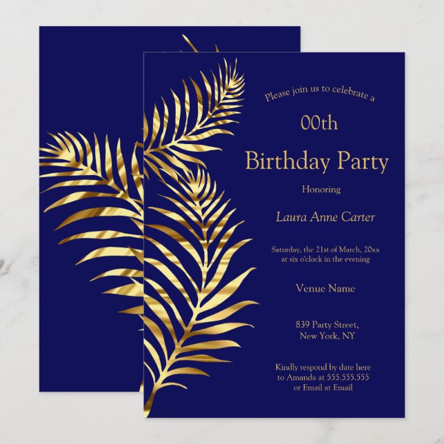 Invitation Golden Palm Navy Blue Gold fête d'anniversaire (Devant / Derrière)
