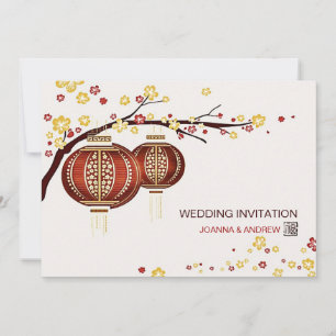 Invitation Golden Red Lanterns Cherry Tree Fu Mariage chinois